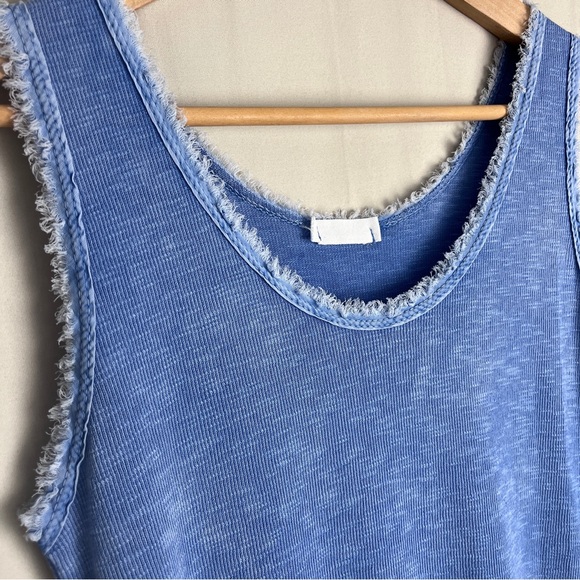 Made in Italy Blue Cotton Tank Frayed Edge Trim Soft Stretch Minimalist Top - Picture 2 of 7
